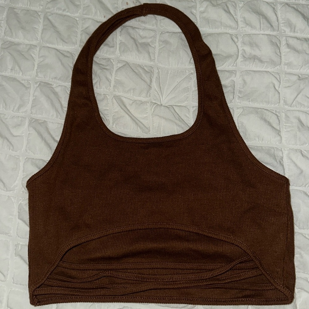 cropped brown halter tank